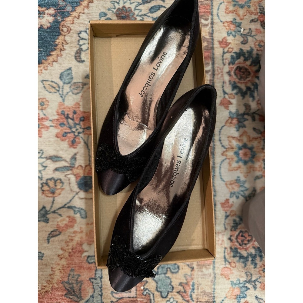 Jacques Levine Black Sequin Bow Silk Kitten Heel
